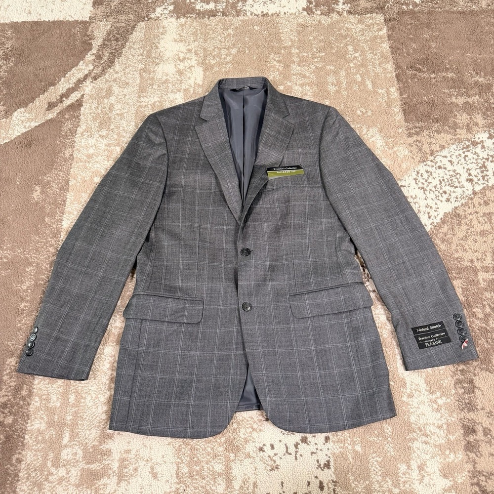 JOS A Bank Traveler‎ Wool Jacket Blazer Mens 40L Tailored Fit Windowpane Gray